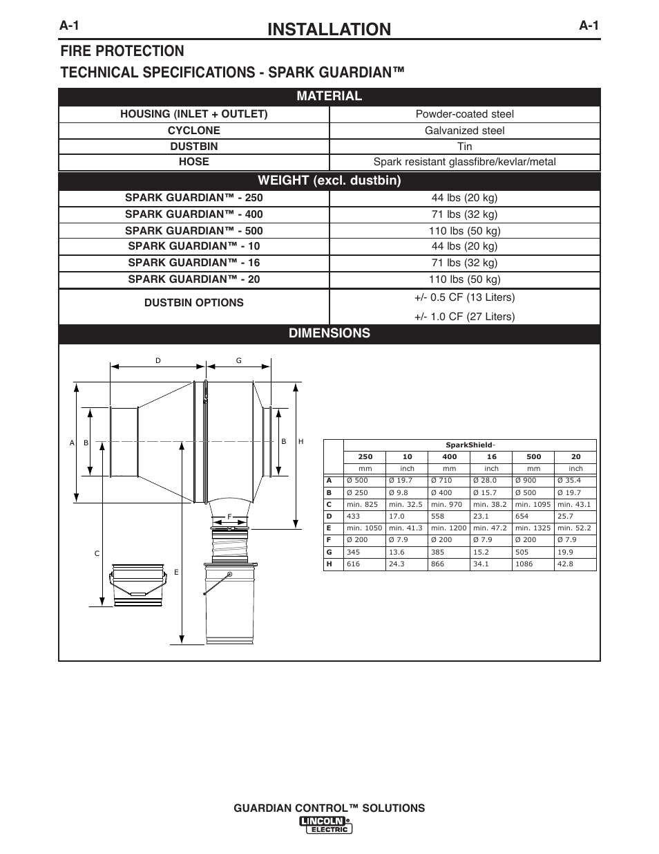 Installation, A-1 material, Weight (excl. dustbin) | Dimensions, Guardian control™ solutions | Lincoln Electric P709 GUARDIAN CONTROL SOLUTIONS User Manual | Page 8 / 80