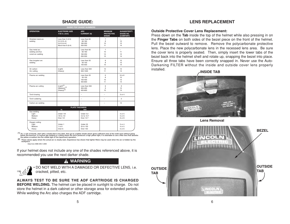 Shade guide, Warning, Lens replacement | Lincoln Electric IM10000 Cool-Shield Helmet User Manual | Page 7 / 14