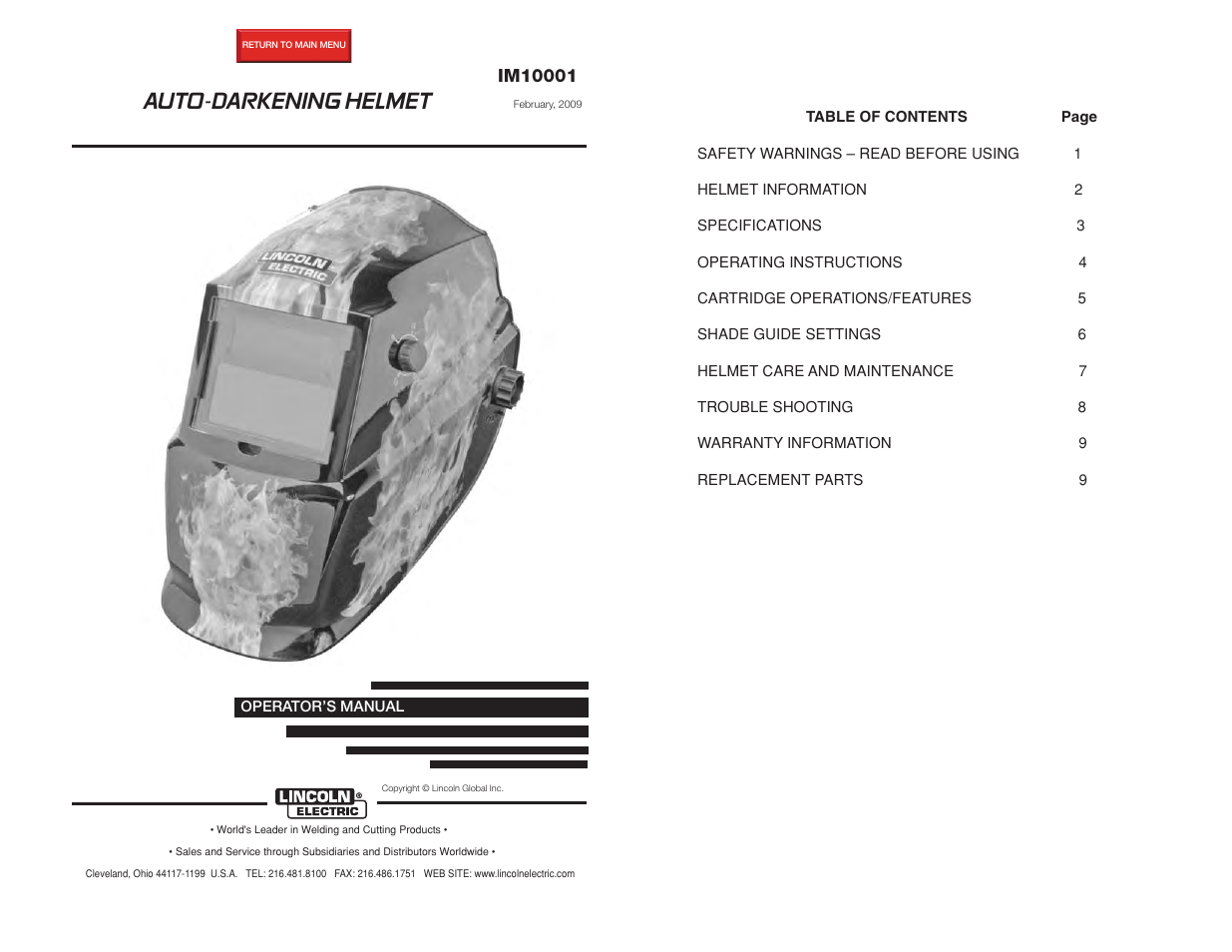 Lincoln Electric IM10001 AUTO-DARKENING HELMET User Manual | 12 pages