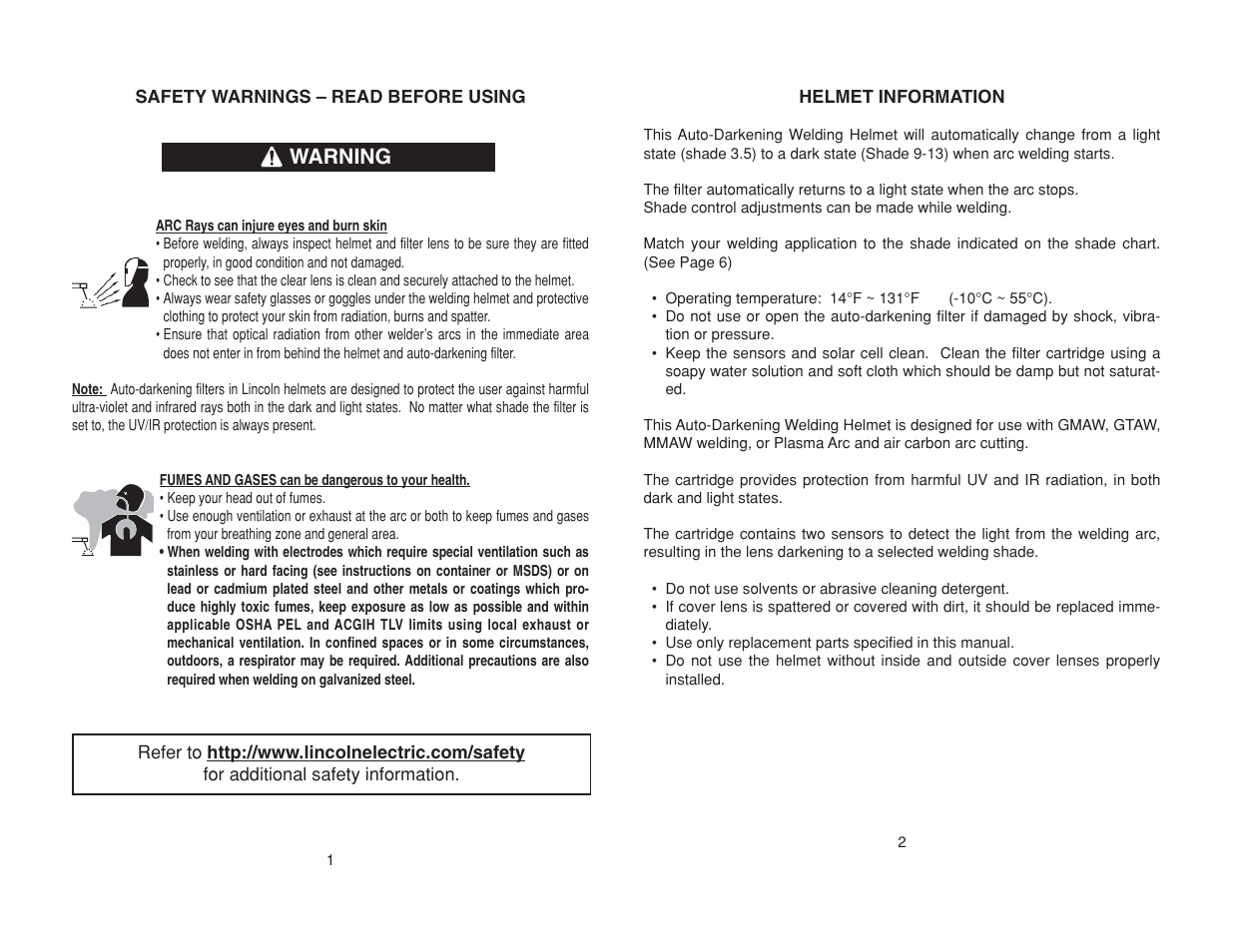 Warning | Lincoln Electric IM10001 AUTO-DARKENING HELMET User Manual | Page 3 / 12