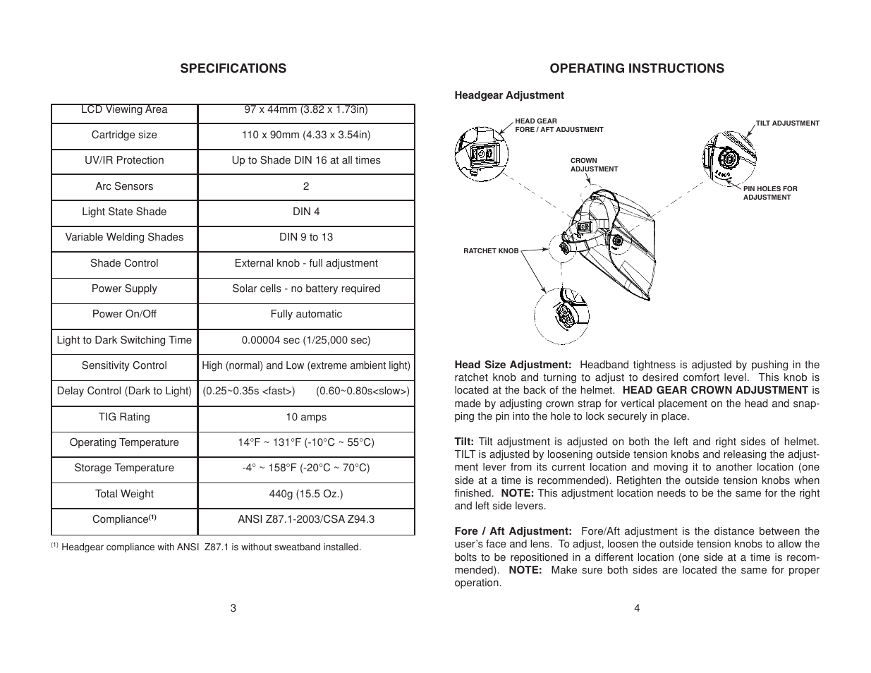 Operating instructions, Specifications | Lincoln Electric IM10001 AUTO-DARKENING HELMET User Manual | Page 6 / 12