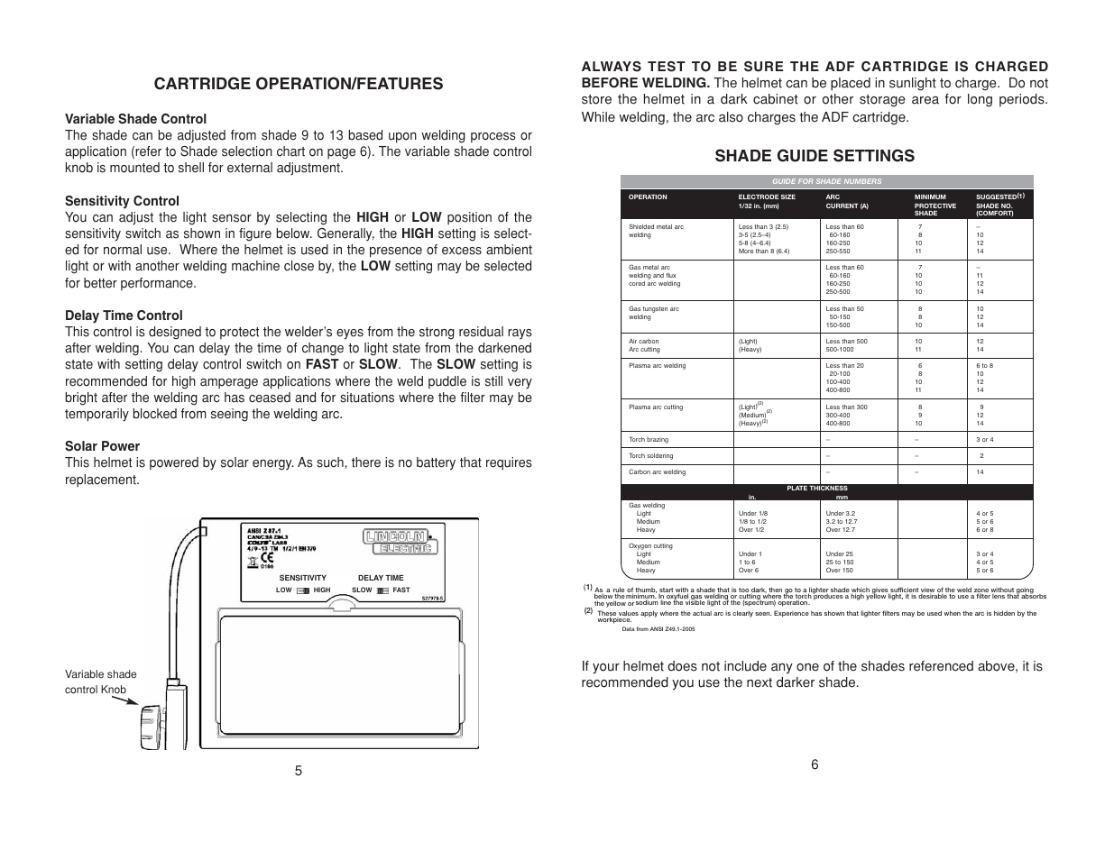 Cartridge operation/features, Shade guide settings, Variable shade control knob | Lincoln Electric IM10001 AUTO-DARKENING HELMET User Manual | Page 7 / 12