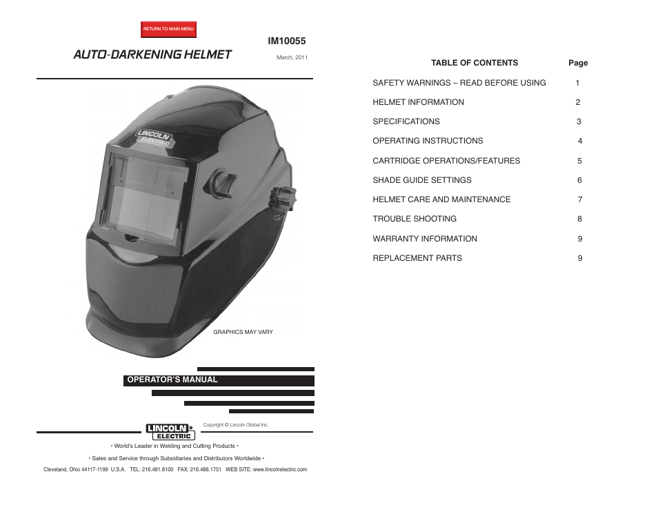 Lincoln Electric IM10055 AUTO-DARKENING HELMET User Manual | 12 pages