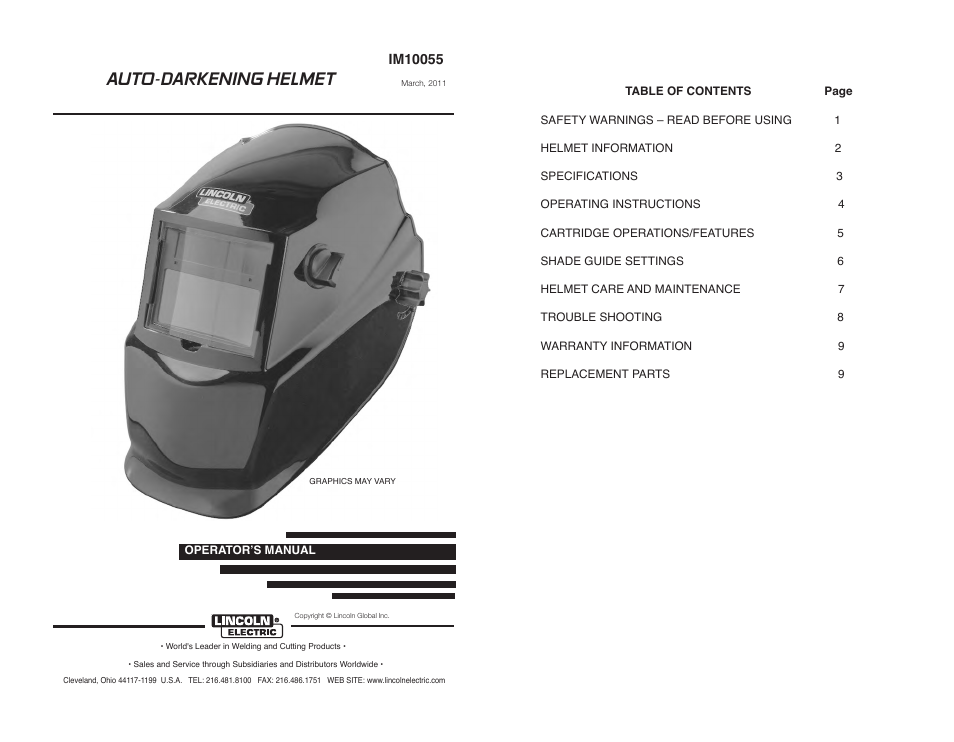 Auto-darkening helmet | Lincoln Electric IM10055 AUTO-DARKENING HELMET User Manual | Page 2 / 12