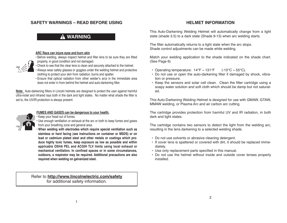 Warning | Lincoln Electric IM10055 AUTO-DARKENING HELMET User Manual | Page 3 / 12