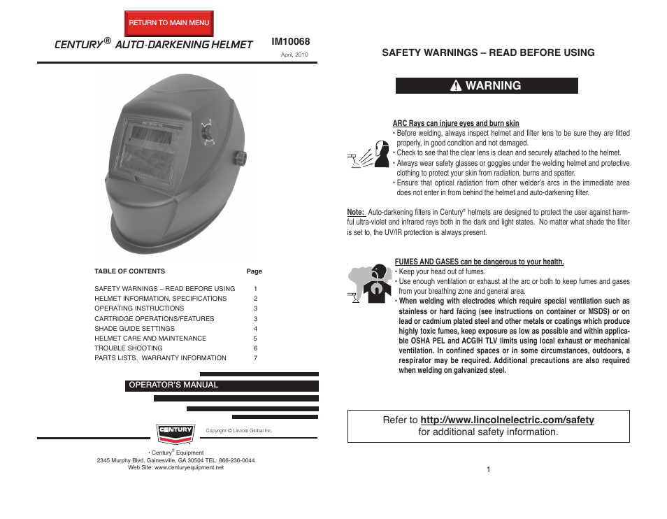 Lincoln Electric IM10068 CENTURY AUTO-DARKENING HELMET User Manual | 8 pages