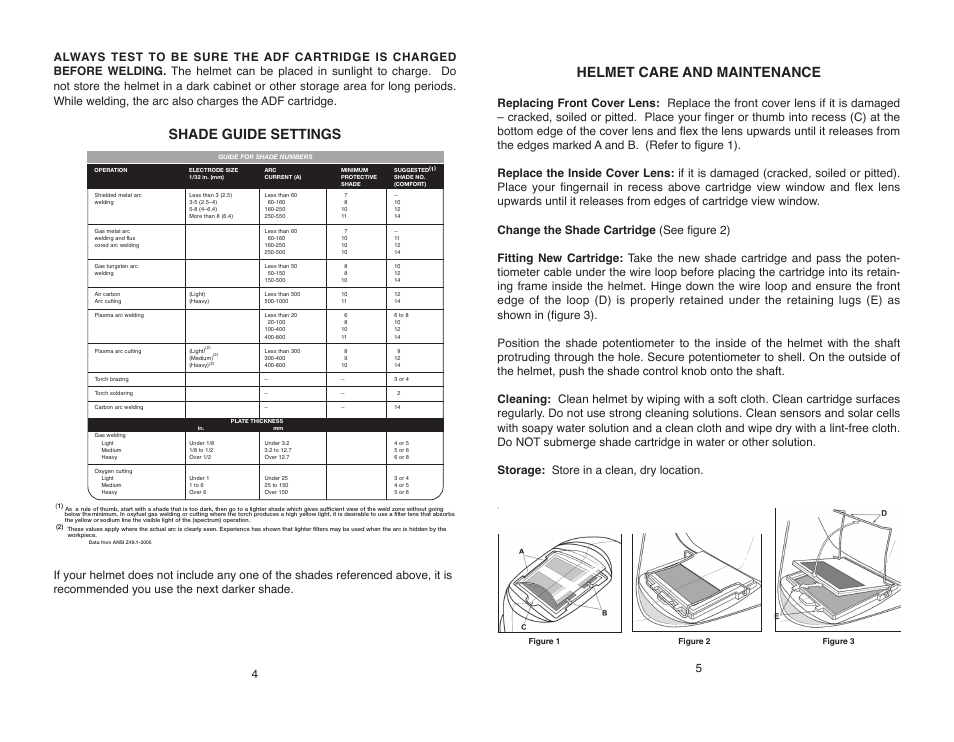 Helmet care and maintenance, Figure 1 figure 2 figure 3, Shade guide settings | Lincoln Electric IM10068 CENTURY AUTO-DARKENING HELMET User Manual | Page 5 / 8