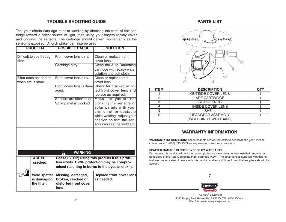 Lincoln Electric IM10068 CENTURY AUTO-DARKENING HELMET User Manual | Page 8 / 8