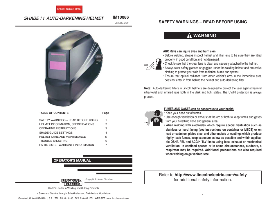 Lincoln Electric IM10086 SHADE 11 AUTO-DARKENING HELMET User Manual | 8 pages