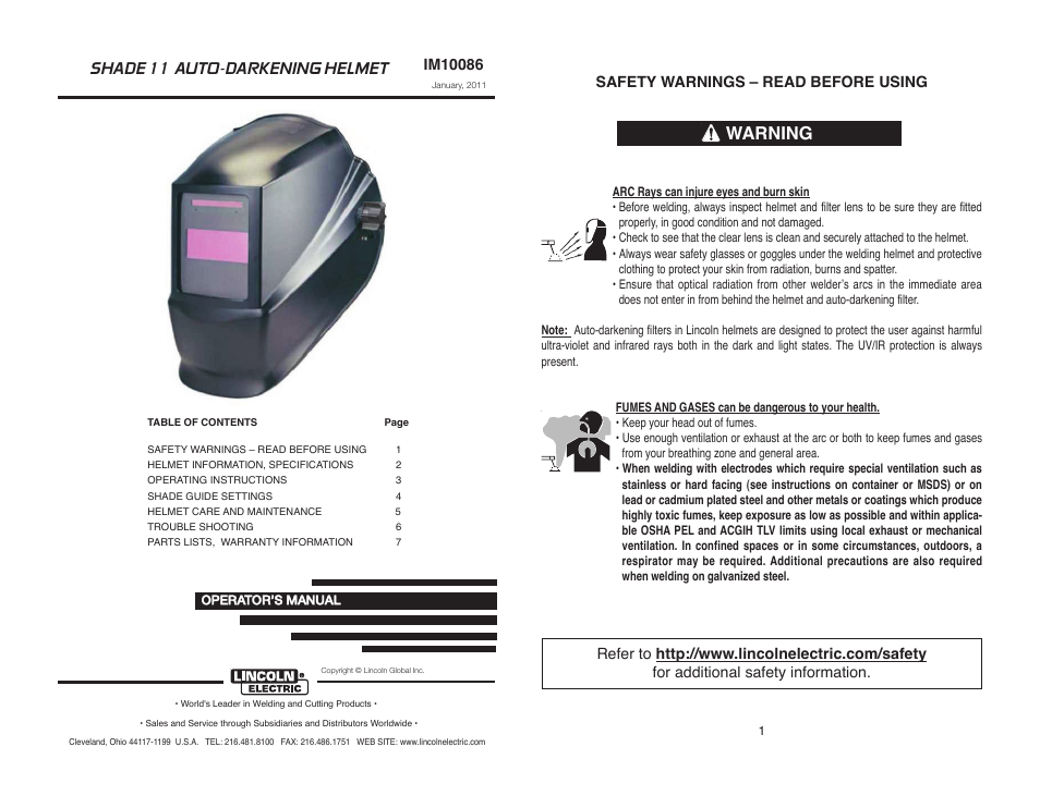 Warning, Shade 11 auto-darkening helmet, Safety warnings – read before using | Lincoln Electric IM10086 SHADE 11 AUTO-DARKENING HELMET User Manual | Page 2 / 8