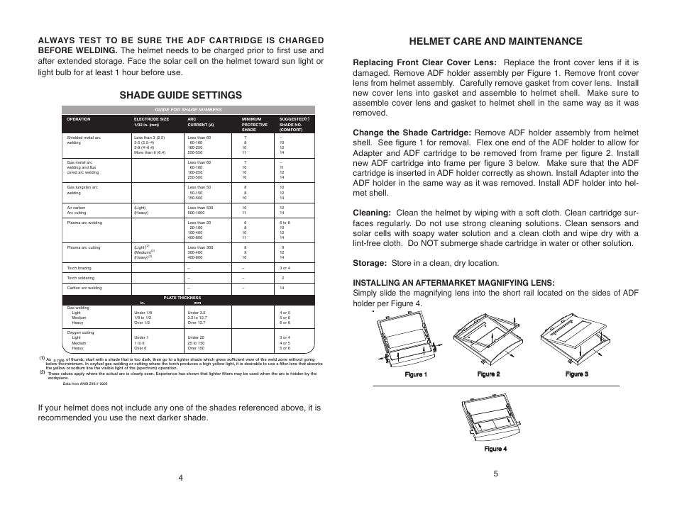 Helmet care and maintenance, Shade guide settings | Lincoln Electric IM10086 SHADE 11 AUTO-DARKENING HELMET User Manual | Page 5 / 8