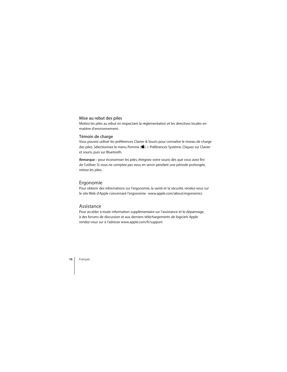 Mise au rebut des piles, Témoin de charge, Ergonomie | Assistance | Apple Mighty Mouse (Drahtlose) User Manual | Page 16 / 101