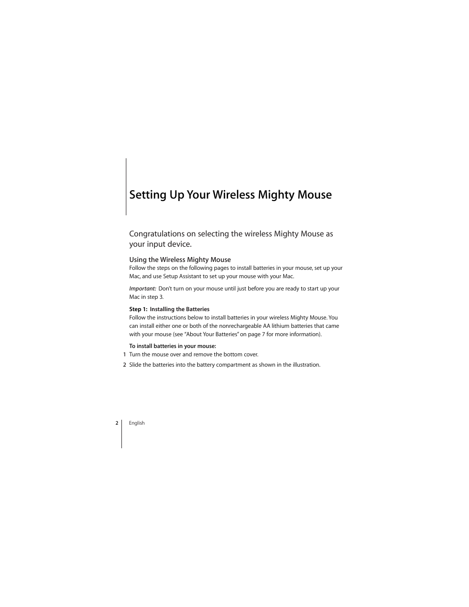 Setting up your wireless mighty mouse, Using the wireless mighty mouse | Apple Mighty Mouse (Drahtlose) User Manual | Page 2 / 101