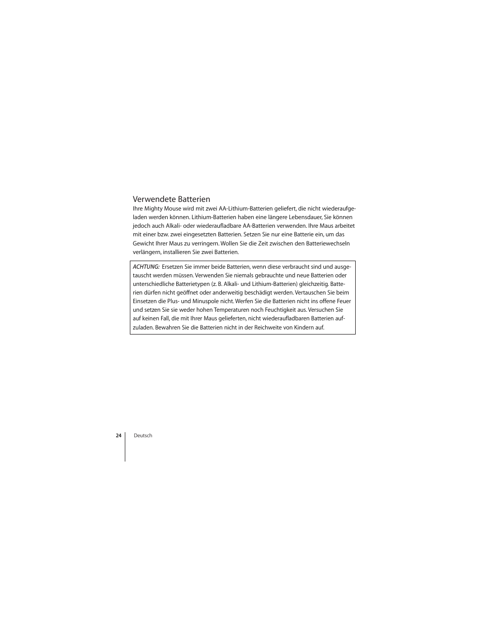 Verwendete batterien | Apple Mighty Mouse (Drahtlose) User Manual | Page 24 / 101