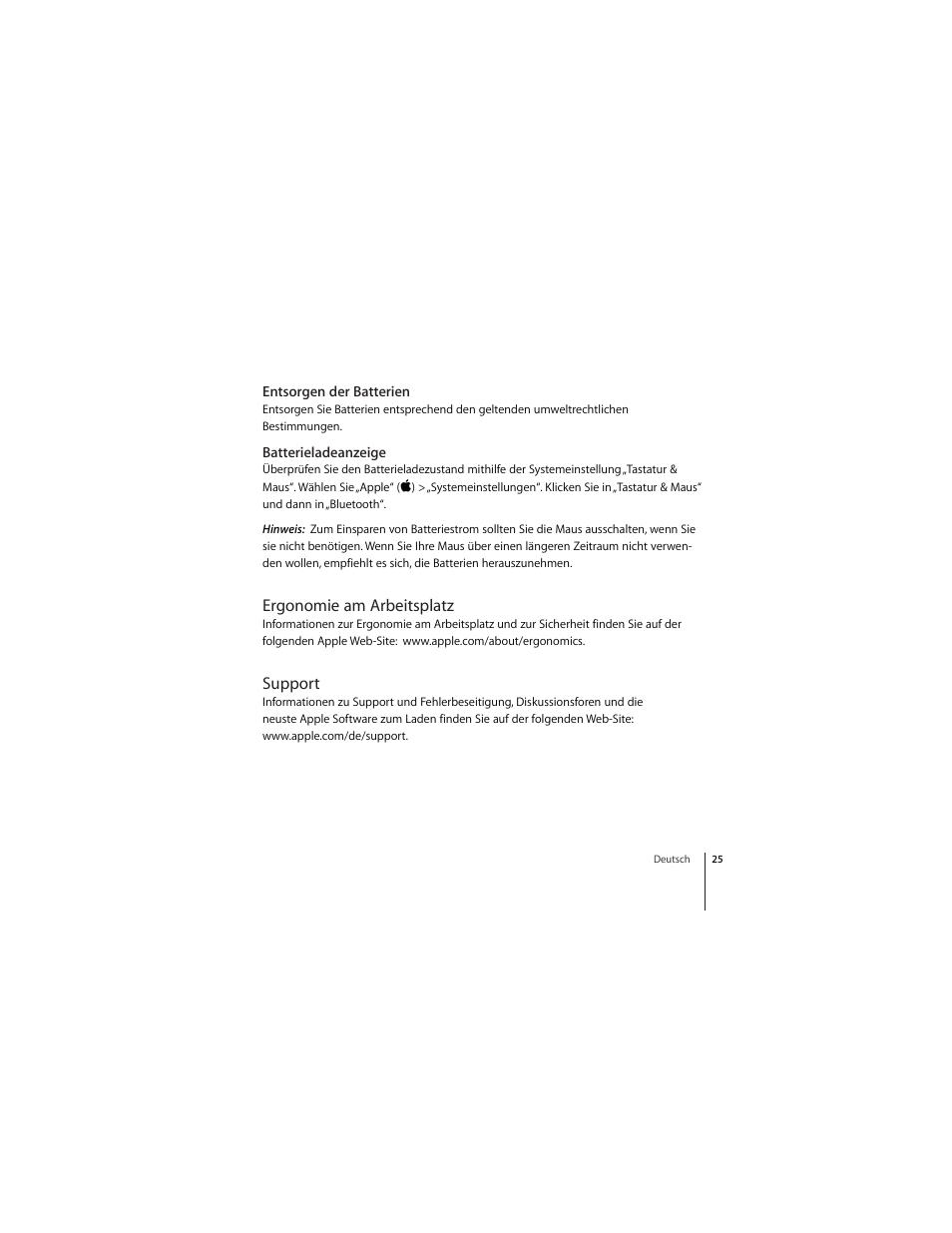 Entsorgen der batterien, Batterieladeanzeige, Ergonomie am arbeitsplatz | Support | Apple Mighty Mouse (Drahtlose) User Manual | Page 25 / 101