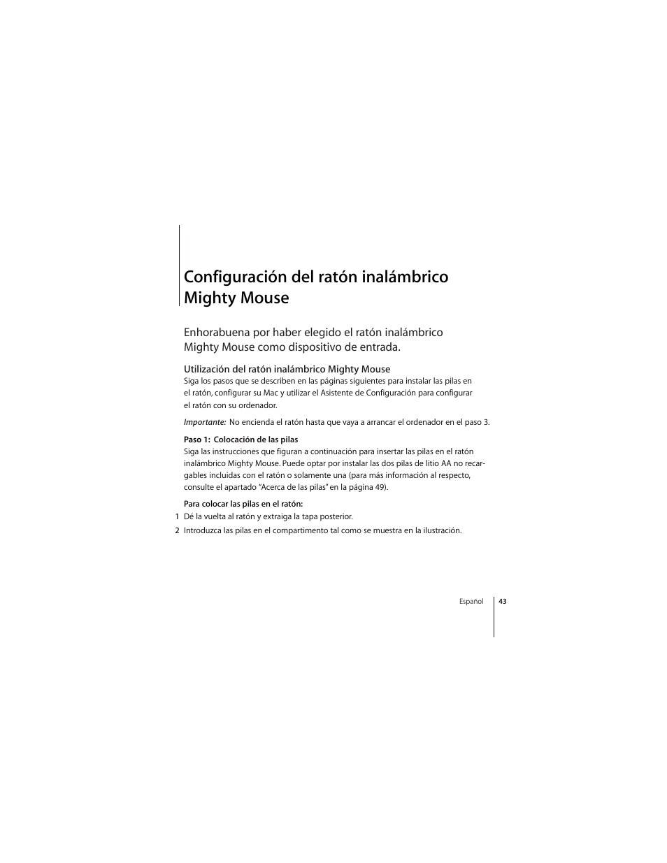 Configuración del ratón inalámbrico mightymouse, Utilización del ratón inalámbrico mighty mouse, Configuración del ratón inalámbrico mighty mouse | Apple Mighty Mouse (Drahtlose) User Manual | Page 43 / 101