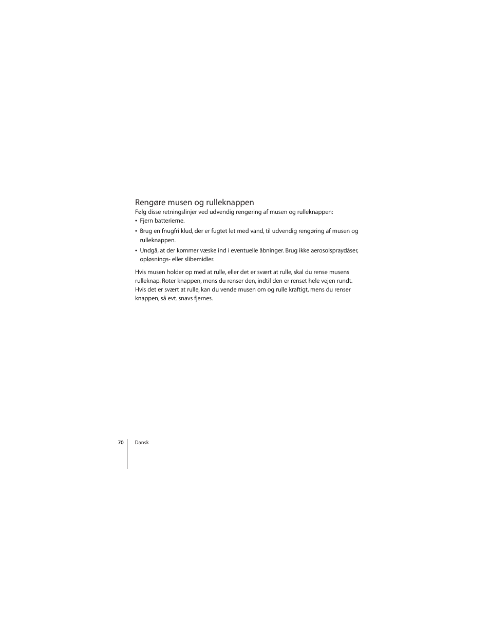 Rengøre musen og rulleknappen | Apple Mighty Mouse (Drahtlose) User Manual | Page 70 / 101