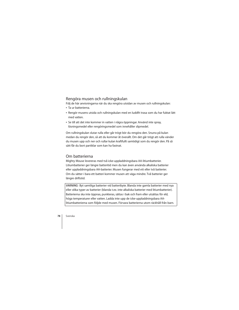 Rengöra musen och rullningskulan, Om batterierna | Apple Mighty Mouse (Drahtlose) User Manual | Page 78 / 101