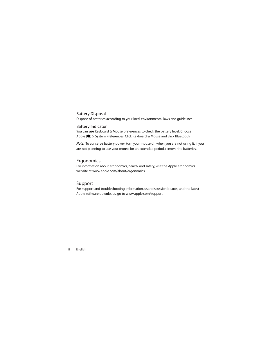 Battery disposal, Battery indicator, Ergonomics | Support | Apple Mighty Mouse (Drahtlose) User Manual | Page 8 / 101