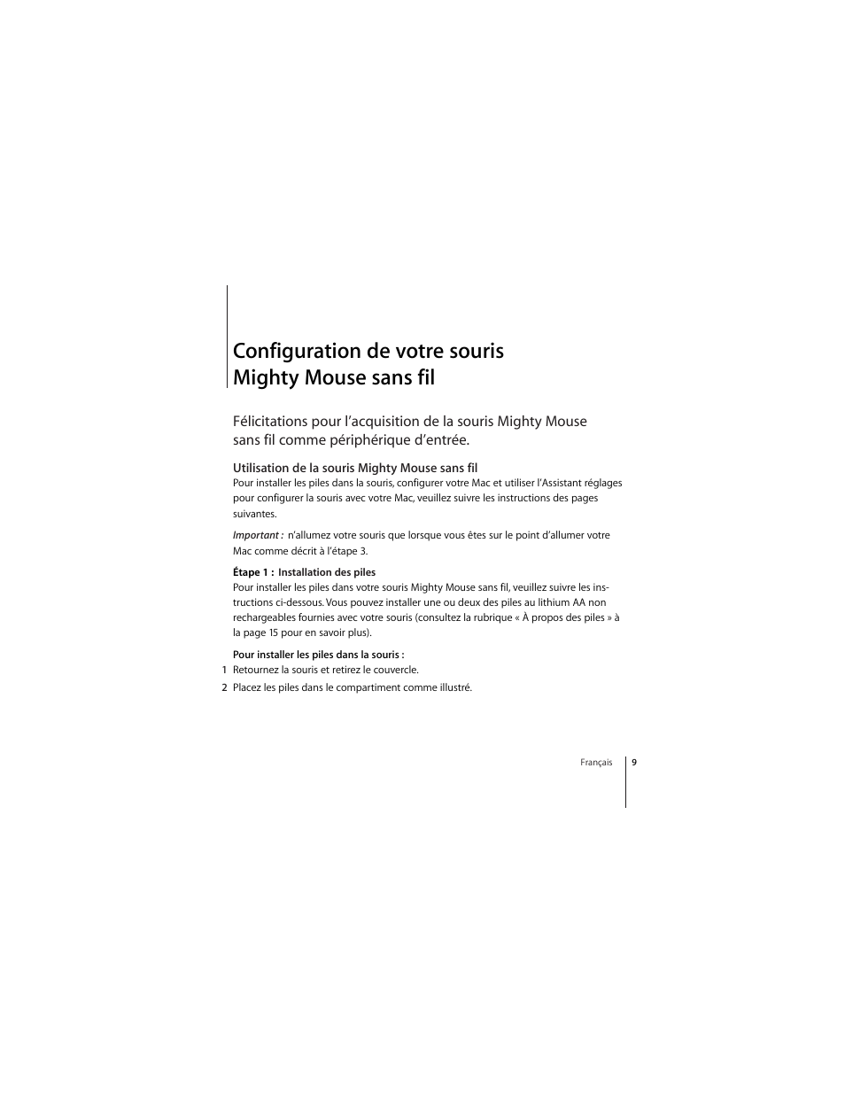 Utilisation de la souris mighty mouse sans fil | Apple Mighty Mouse (Drahtlose) User Manual | Page 9 / 101
