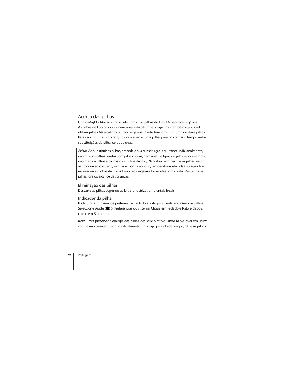 Acerca das pilhas, Eliminação das pilhas, Indicador da pilha | Apple Mighty Mouse (Drahtlose) User Manual | Page 94 / 101