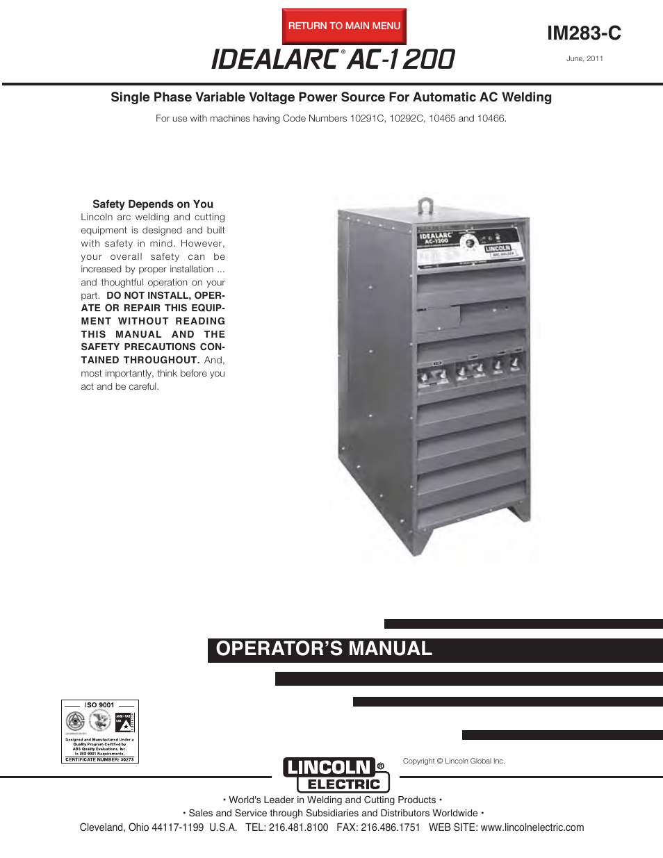 Lincoln Electric IM283 IDEALARC AC-1200 User Manual | 27 pages