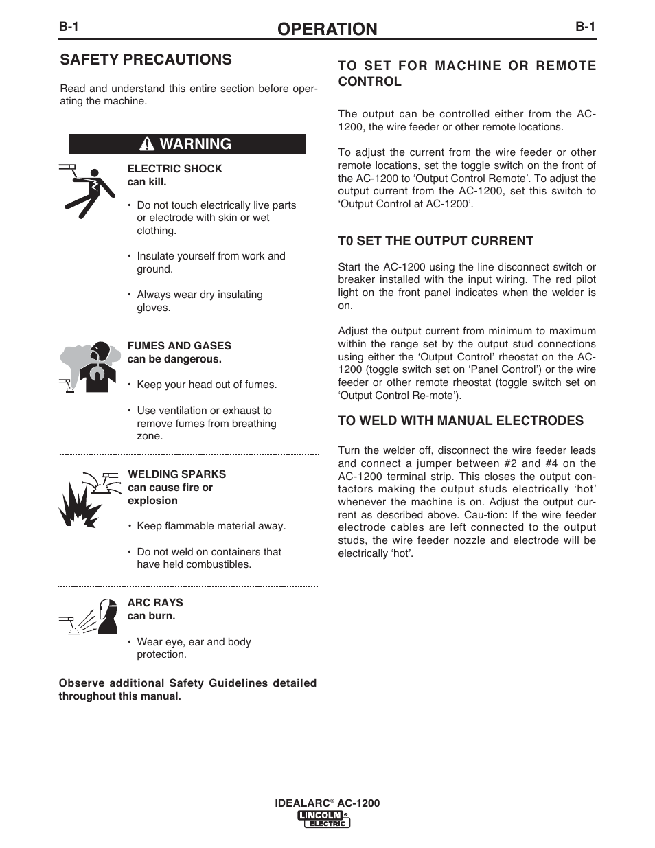 Operation, Safety precautions, Warning | Lincoln Electric IM283 IDEALARC AC-1200 User Manual | Page 11 / 27