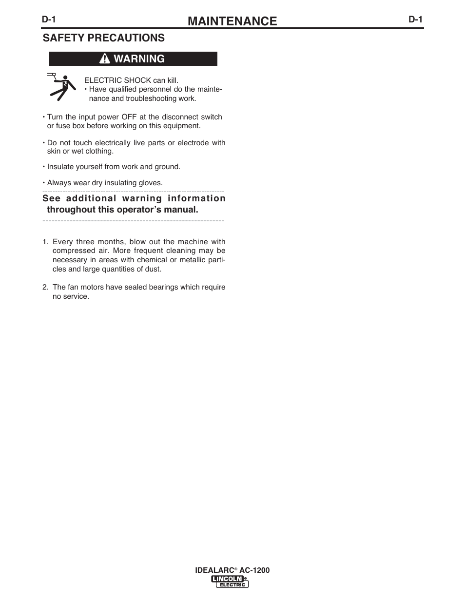 Maintenance, Safety precautions, Warning | Lincoln Electric IM283 IDEALARC AC-1200 User Manual | Page 12 / 27