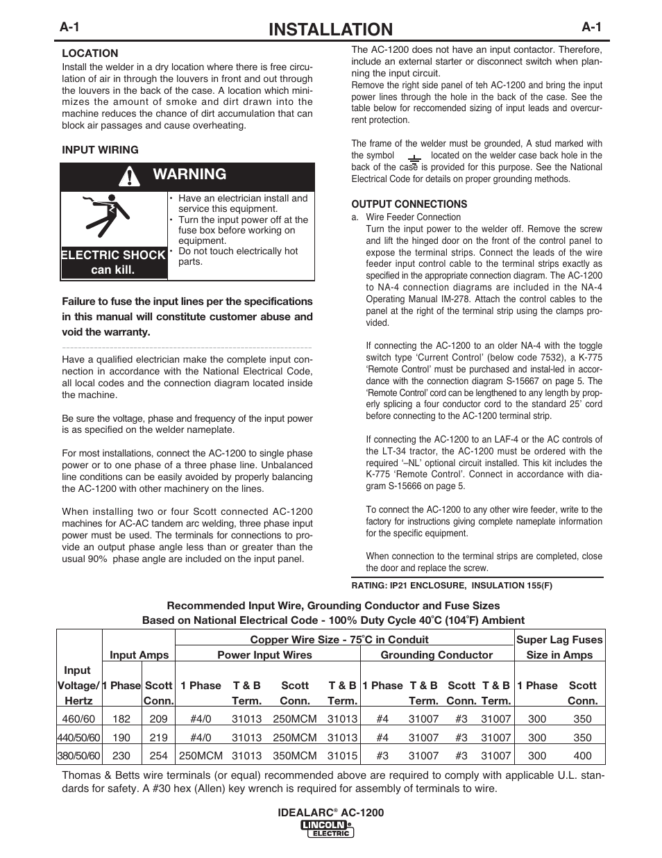 Installation, Warning | Lincoln Electric IM283 IDEALARC AC-1200 User Manual | Page 8 / 27