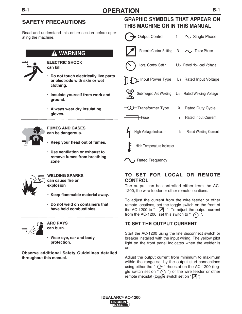 Operation, Safety precautions | Lincoln Electric IM10119 IDEALARC AC-1200 User Manual | Page 12 / 25