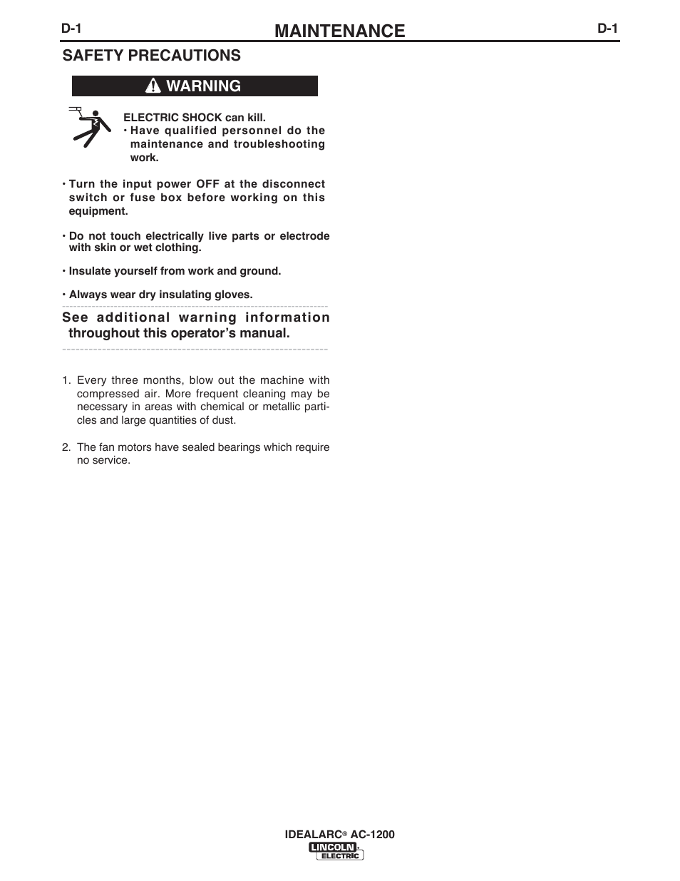 Maintenance, Safety precautions, Warning | Lincoln Electric IM10119 IDEALARC AC-1200 User Manual | Page 14 / 25