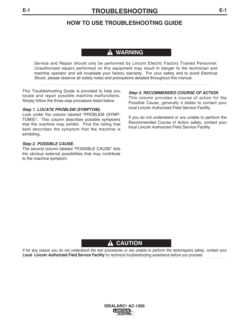 Troubleshooting, Caution, How to use troubleshooting guide | Warning | Lincoln Electric IM10119 IDEALARC AC-1200 User Manual | Page 15 / 25