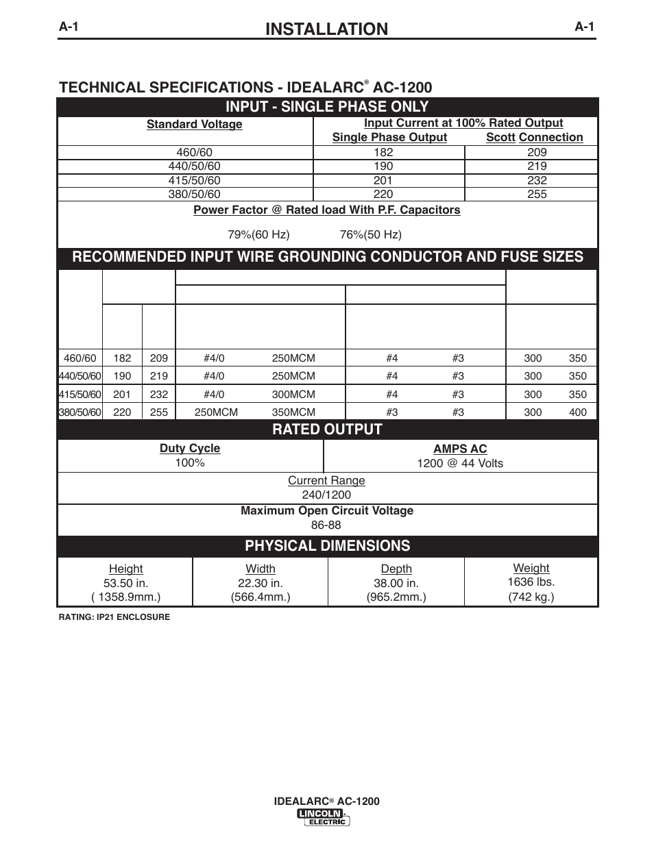 Installation, Technical specifications - idealarc, Ac-1200 | Lincoln Electric IM10119 IDEALARC AC-1200 User Manual | Page 8 / 25