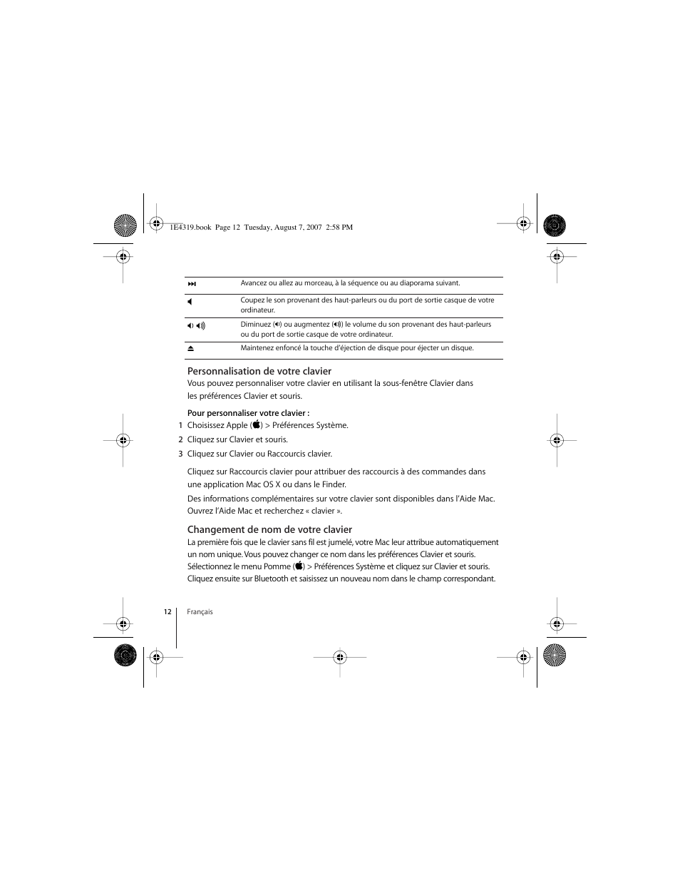 Personnalisation de votre clavier, Changement de nom de votre clavier | Apple Wireless Keyboard (2007) User Manual | Page 12 / 48