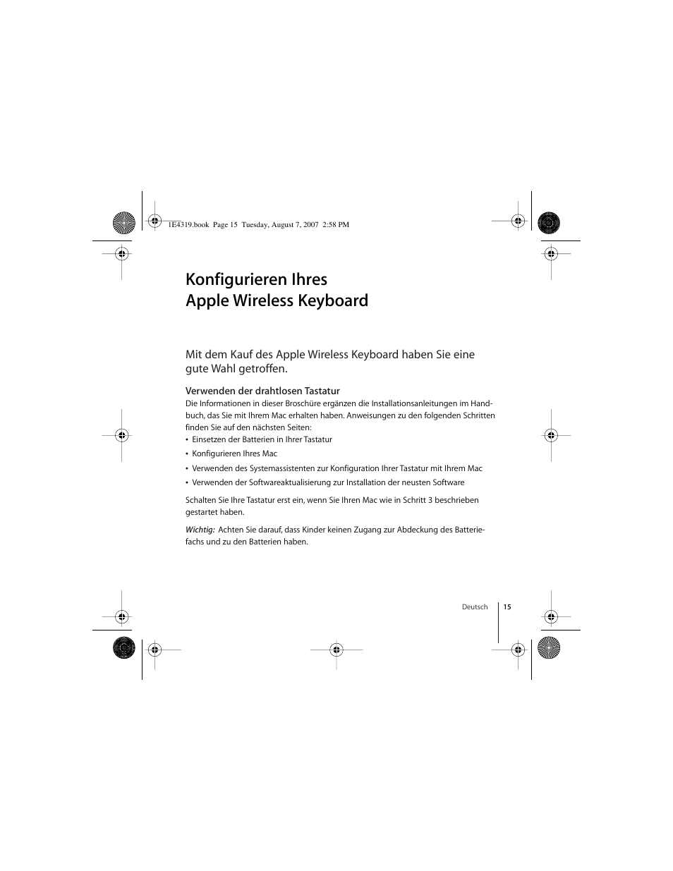 Konfigurieren ihres applewirelesskeyboard, Verwenden der drahtlosen tastatur, Konfigurieren ihres apple wireless keyboard | Apple Wireless Keyboard (2007) User Manual | Page 15 / 48