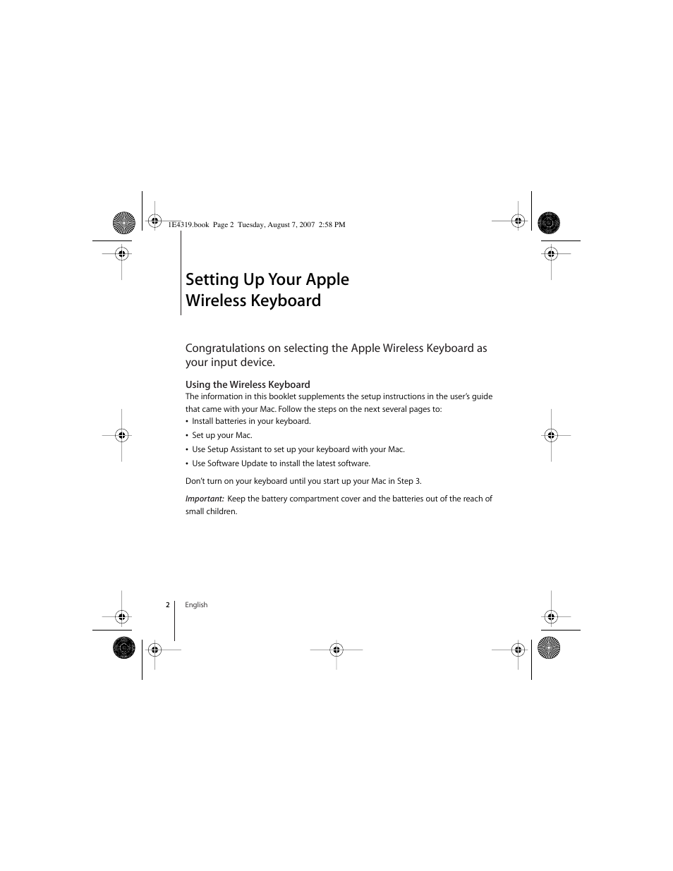 Setting up your apple wireless keyboard, Using the wireless keyboard | Apple Wireless Keyboard (2007) User Manual | Page 2 / 48