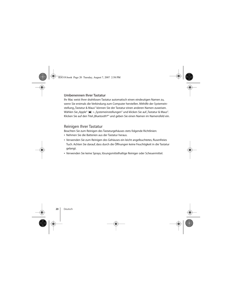 Umbenennen ihrer tastatur, Reinigen ihrer tastatur | Apple Wireless Keyboard (2007) User Manual | Page 20 / 48