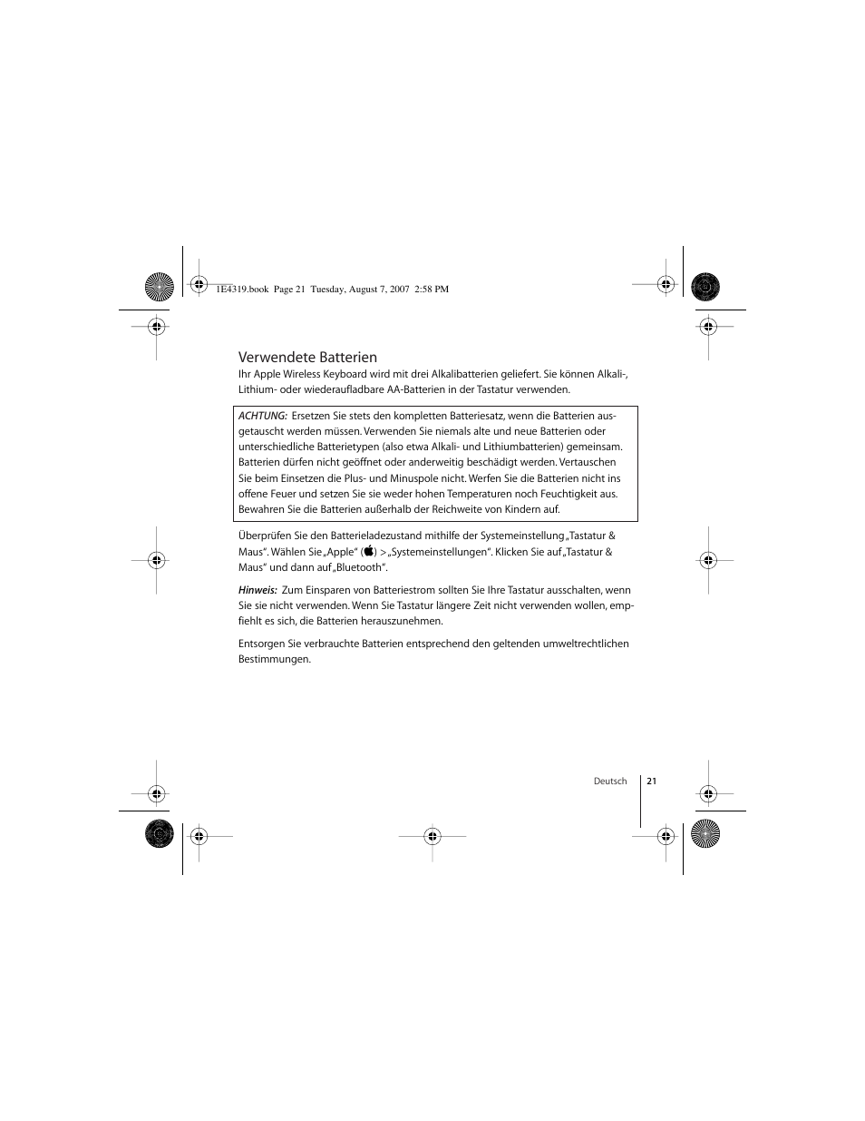 Verwendete batterien | Apple Wireless Keyboard (2007) User Manual | Page 21 / 48