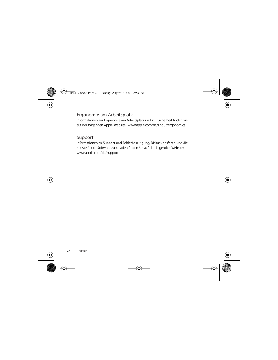 Ergonomie am arbeitsplatz, Support | Apple Wireless Keyboard (2007) User Manual | Page 22 / 48