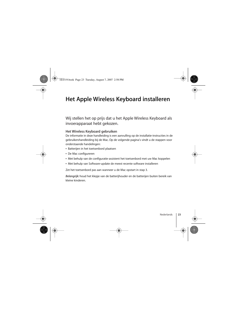 Het apple wireless keyboard installeren, Het wireless keyboard gebruiken | Apple Wireless Keyboard (2007) User Manual | Page 23 / 48