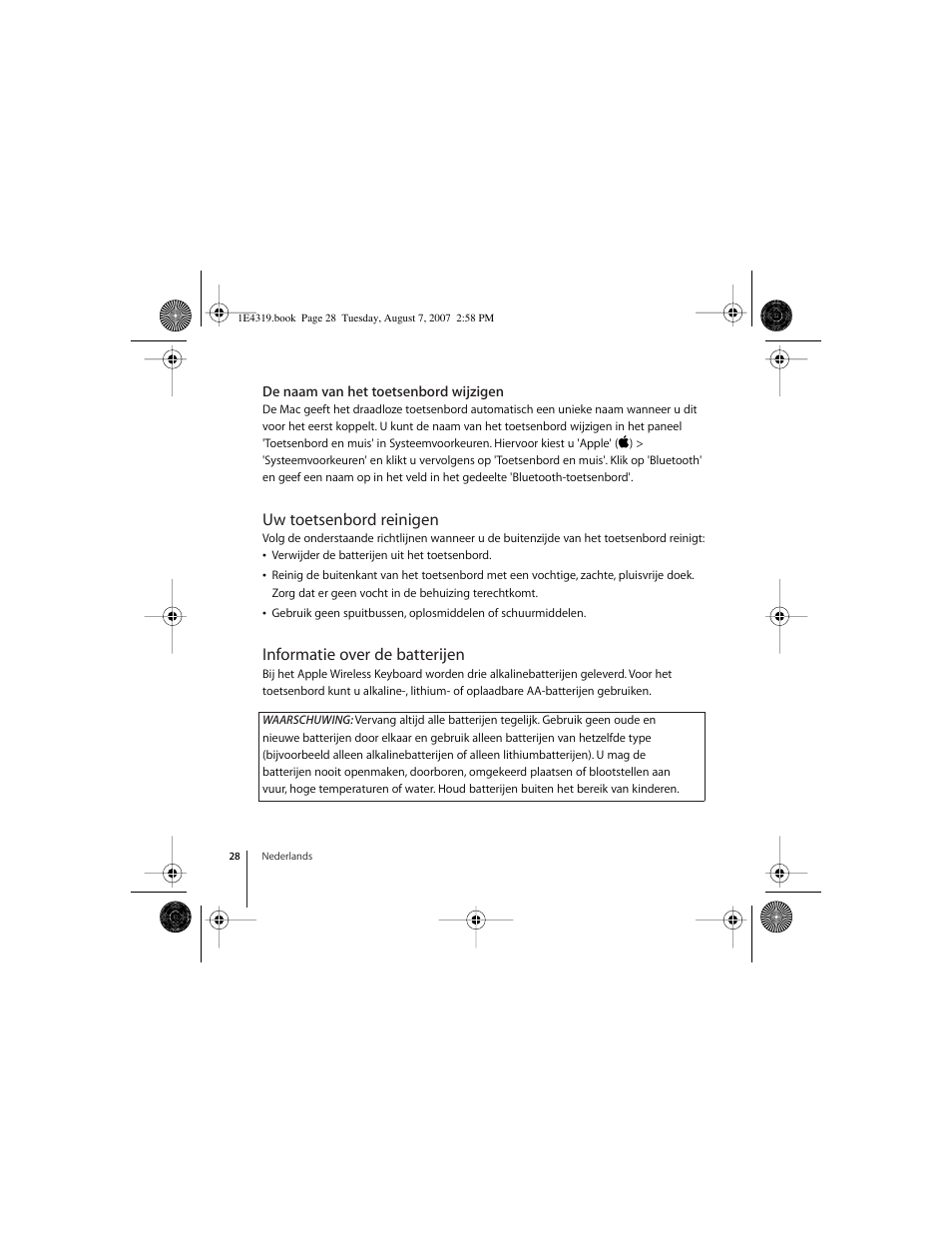 De naam van het toetsenbord wijzigen, Uw toetsenbord reinigen, Informatie over de batterijen | Apple Wireless Keyboard (2007) User Manual | Page 28 / 48