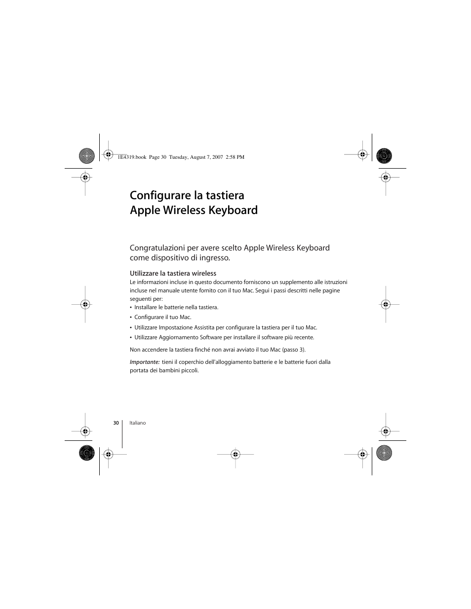 Configurare la tastiera apple wireless keyboard, Utilizzare la tastiera wireless | Apple Wireless Keyboard (2007) User Manual | Page 30 / 48