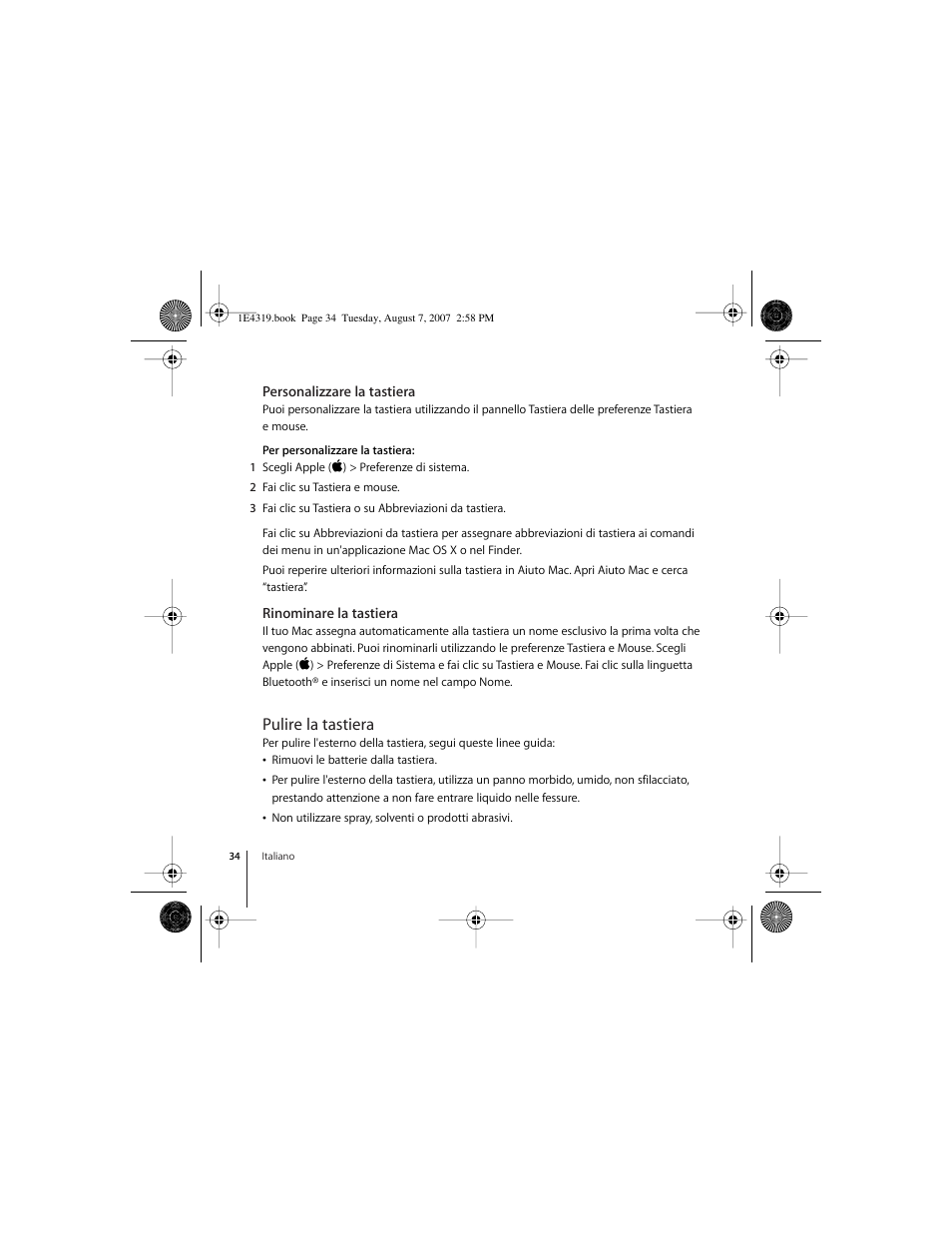 Personalizzare la tastiera, Rinominare la tastiera, Pulire la tastiera | Apple Wireless Keyboard (2007) User Manual | Page 34 / 48