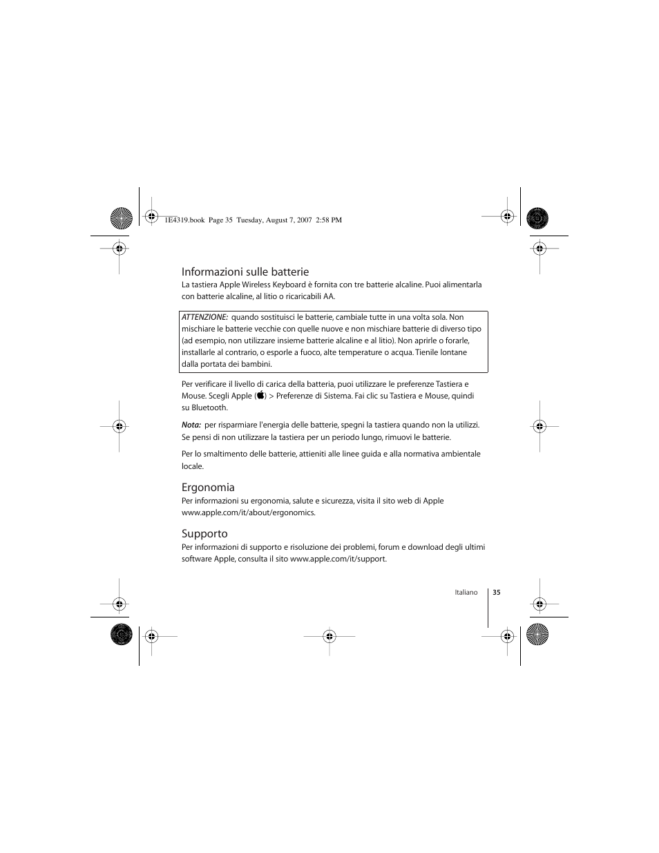 Informazioni sulle batterie, Ergonomia, Supporto | Apple Wireless Keyboard (2007) User Manual | Page 35 / 48