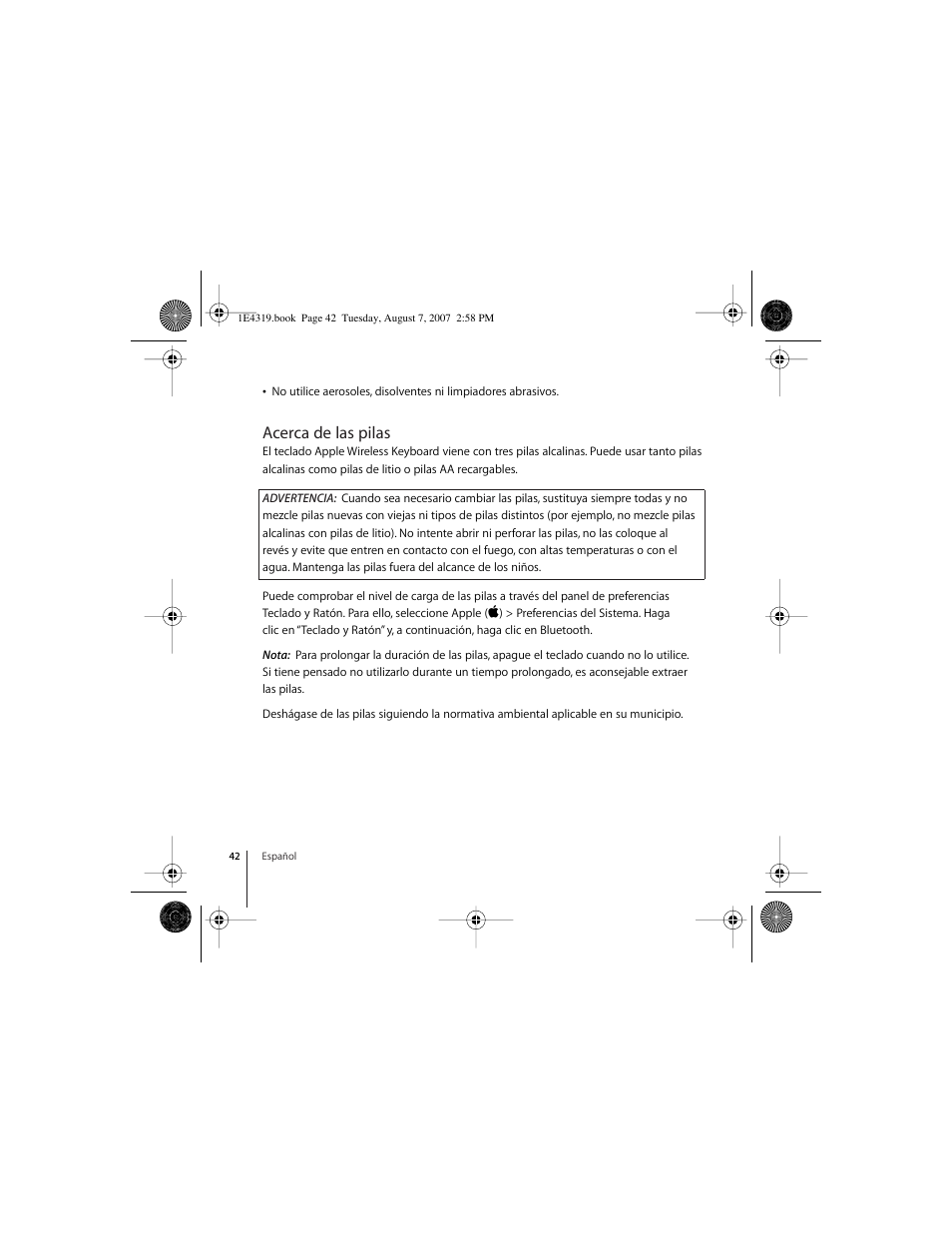 Acerca de las pilas | Apple Wireless Keyboard (2007) User Manual | Page 42 / 48