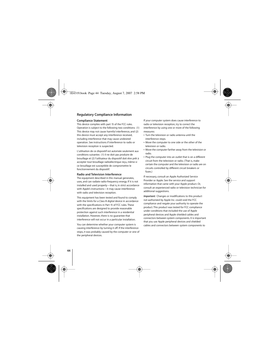 Regulatory compliance information | Apple Wireless Keyboard (2007) User Manual | Page 44 / 48
