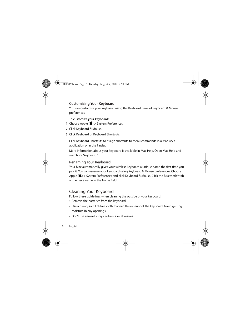 Customizing your keyboard, Renaming your keyboard, Cleaning your keyboard | Apple Wireless Keyboard (2007) User Manual | Page 6 / 48