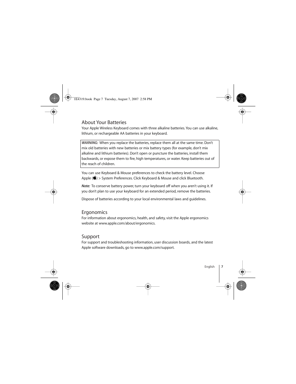 About your batteries, Ergonomics, Support | Apple Wireless Keyboard (2007) User Manual | Page 7 / 48