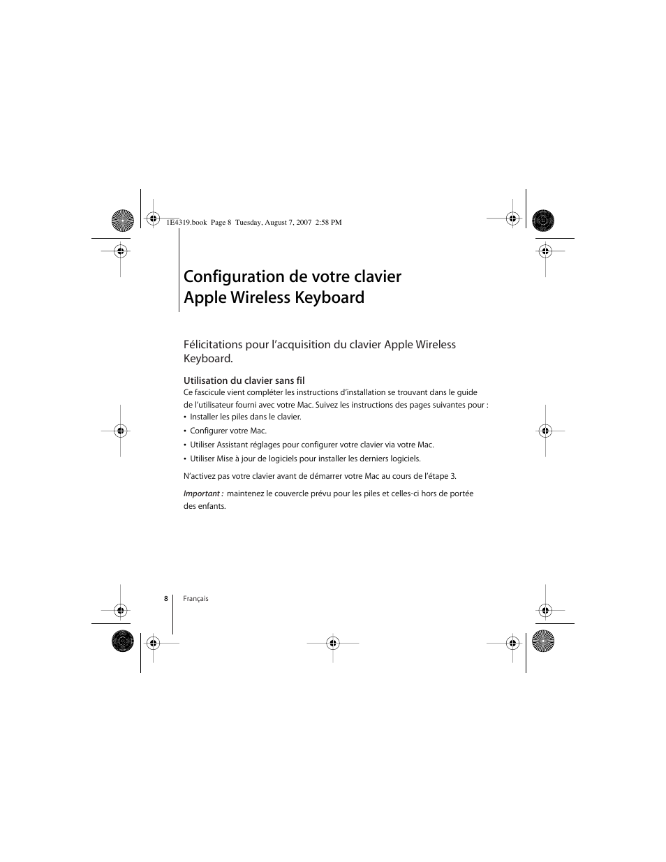 Utilisation du clavier sans fil | Apple Wireless Keyboard (2007) User Manual | Page 8 / 48
