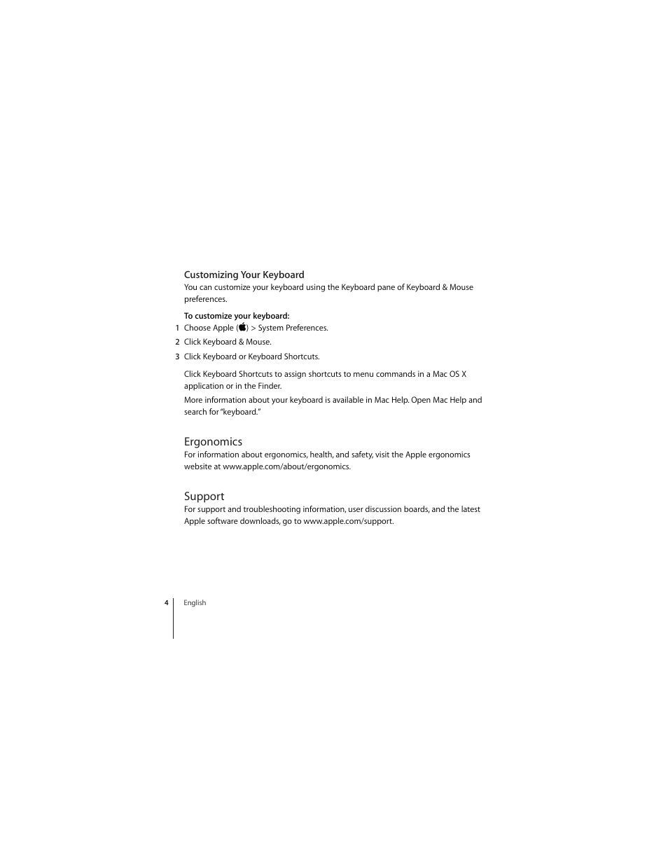 Customizing your keyboard, Ergonomics, Support | Apple Keyboard (Aluminium; wired) User Manual | Page 4 / 50